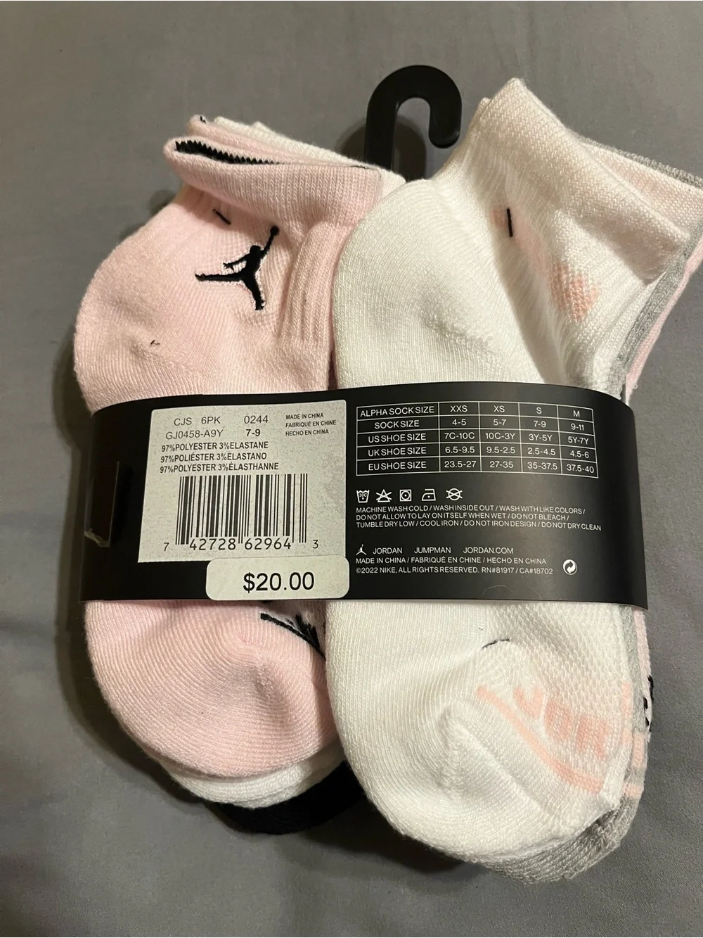 2 Jordan Girls 6-Pack Cushioned Ankle Socks - Pink & Black